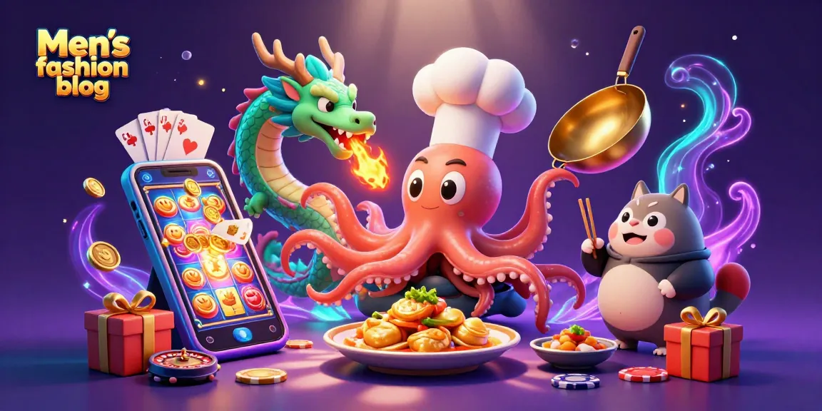 Experience the vibrant scene of a Men’s fashion blog showcasing a cartoon octopus chef, dragon, and tanuki amidst casino elements.