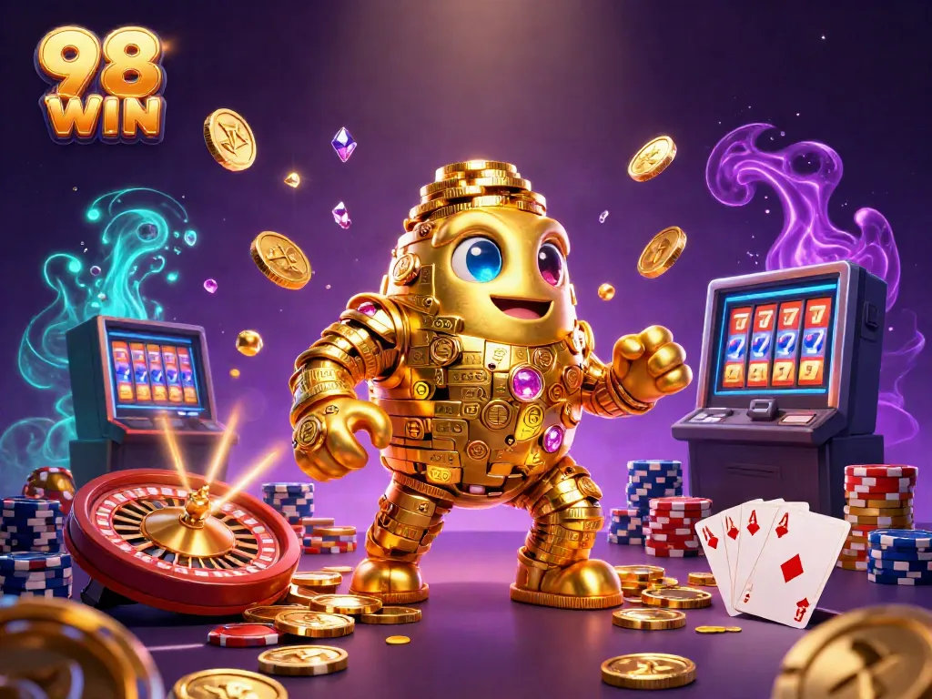 Experience the excitement of 98 WIN with a golden golem amidst cascading coins and spinning roulette.
