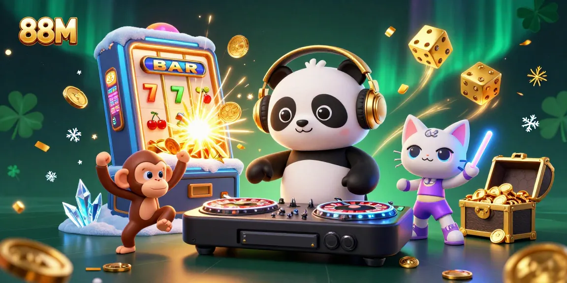 Engage with 88M in this vibrant casino scene featuring a DJ panda, breakdancing monkey, and rave kitten surrounded by jackpot elements.