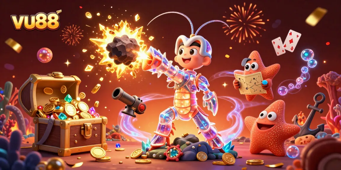 Experience the thrilling gameplay at vu88 with vibrant visuals featuring a mantis shrimp and starfish amidst exploding treasures.