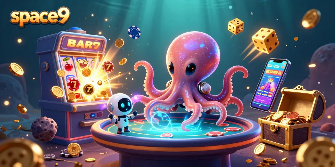 Play thrilling games at space9 with a vibrant octopus and robot at a holographic poker table.