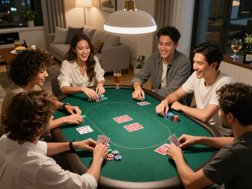 Friends engaging in a poker game in a cozy home setting, highlighting game bài mb66 strategy