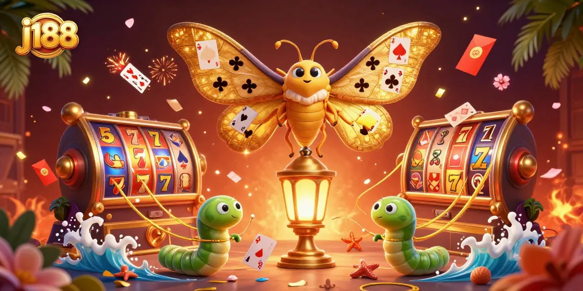 Spin the j188 slot reels with mesmerizing golden moth and vibrant casino elements.