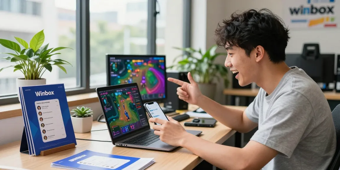 H5 Winbox agent collaborating in an engaging gaming workspace with promotional materials and vibrant game graphics.