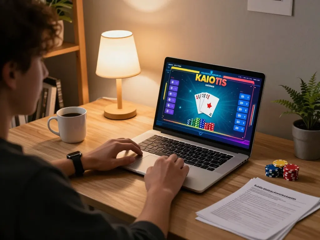 Player enjoys an intense poker session on XX88 online platform with strategy notes and cozy setting.
