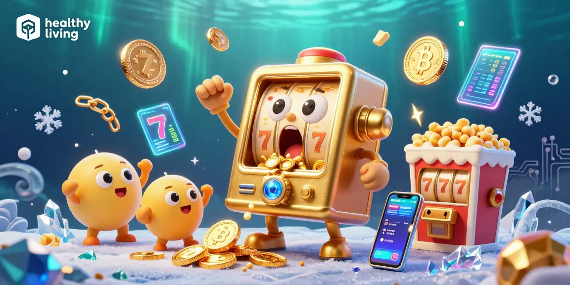 Engaging scene portraying healthy living through a golden slot machine hitting a jackpot, coins flowing, surrounded by vibrant gaming elements.