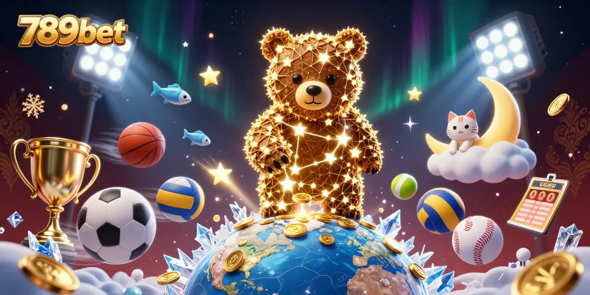Engage with 789bet's dynamic gaming scene featuring a constellation bear and vibrant sports elements.