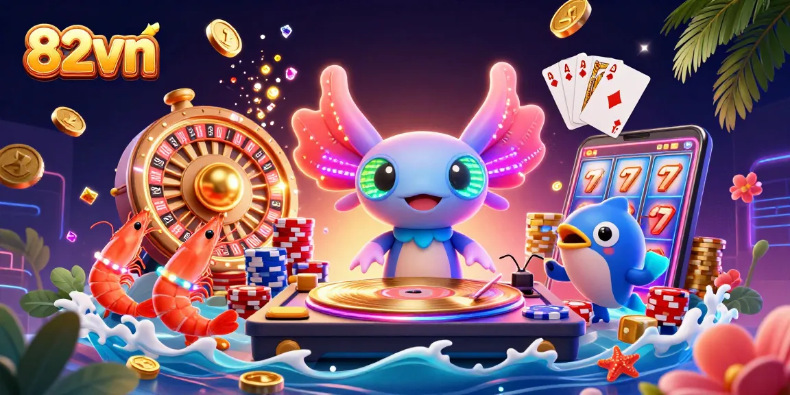 Experience thrilling gameplay at 82vn with vibrant digital casino elements, including gold coins and neon graphics.