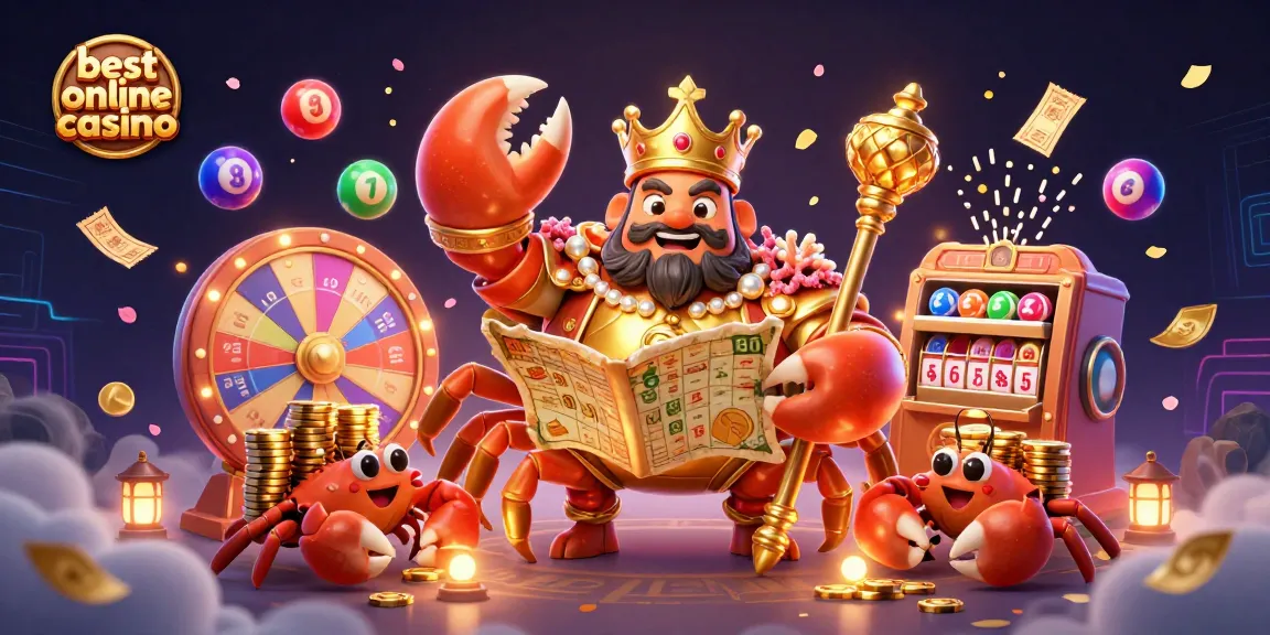 Experience the excitement of the best online casino with colorful game elements and a massive golden crab emperor.