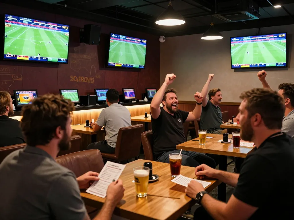 Fans engaging in live sports betting at 7m-7m lounge, celebrating exciting games and betting experiences.
