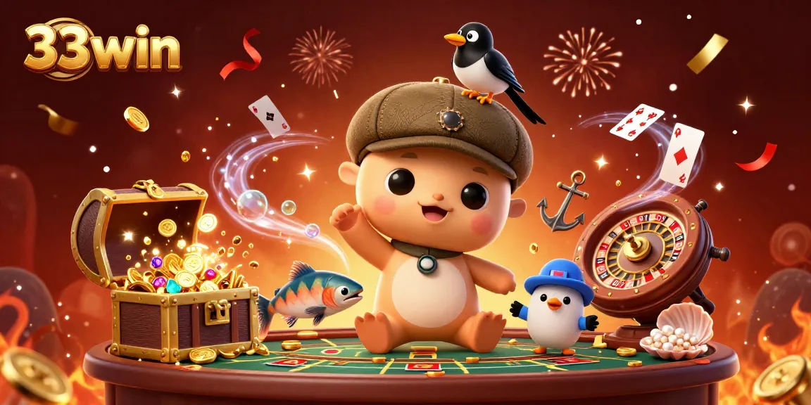 Engage in thrilling gameplay at 33win, featuring playful characters and vibrant casino elements.