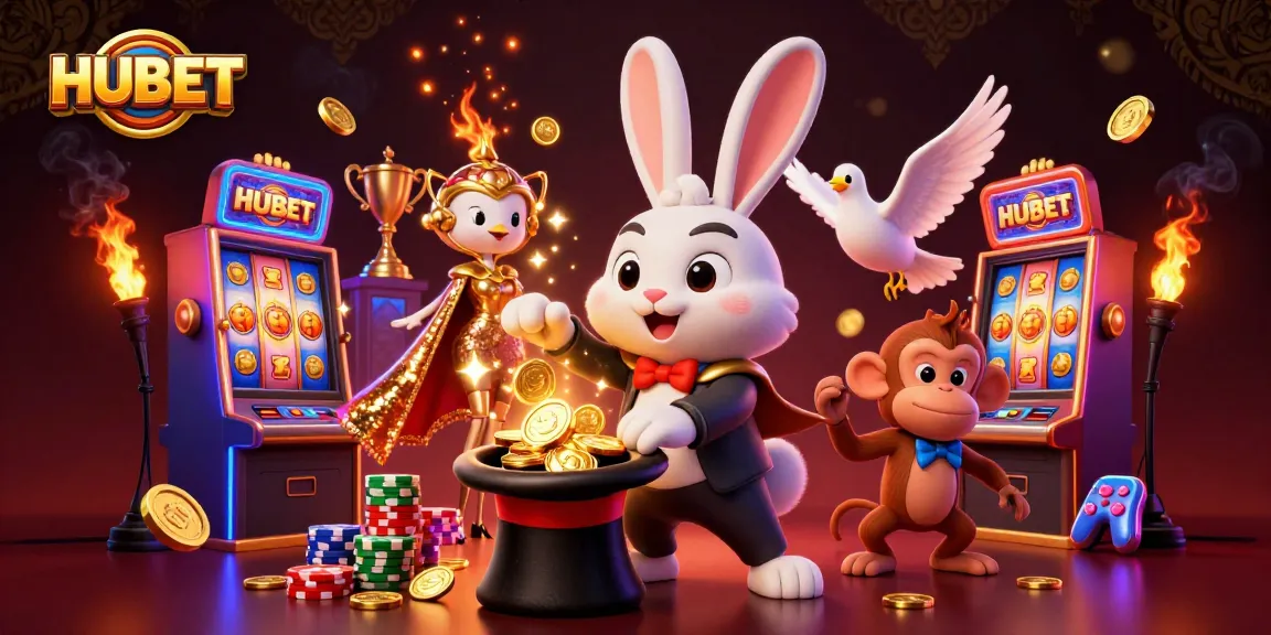 Play thrilling games at HUBET with a cartoon magician pulling coins and a dazzling dove, capturing the casino excitement.