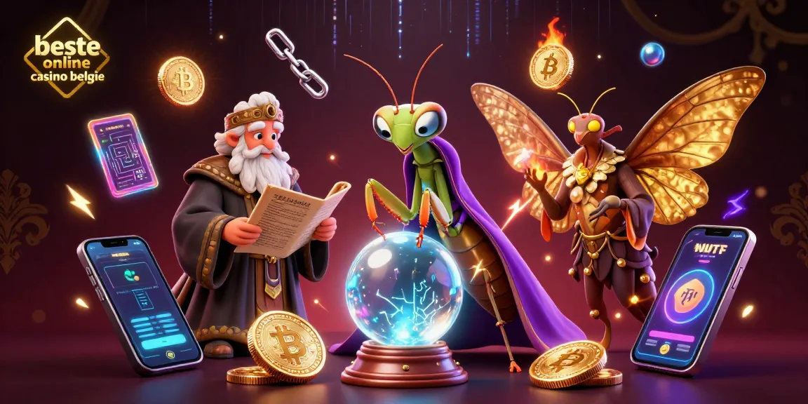 Engage with "beste online casino belgie" in a vibrant, digital casino scene featuring mystical fortune tellers and currencies.