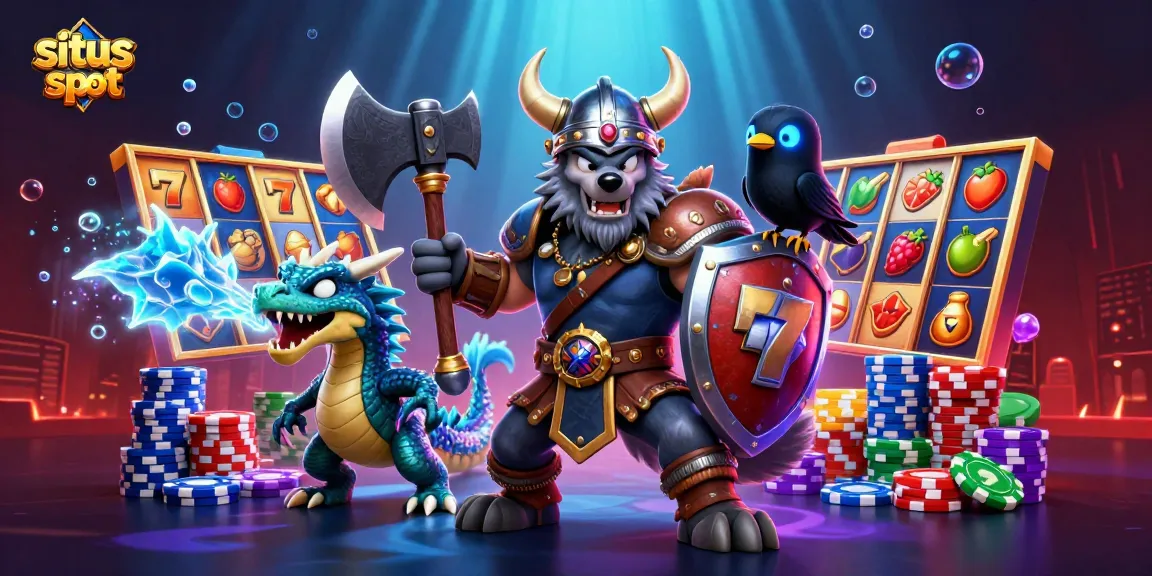 Situs slot featuring a Viking wolf warrior, dragon, and raven amidst colorful slot reels and poker chips.