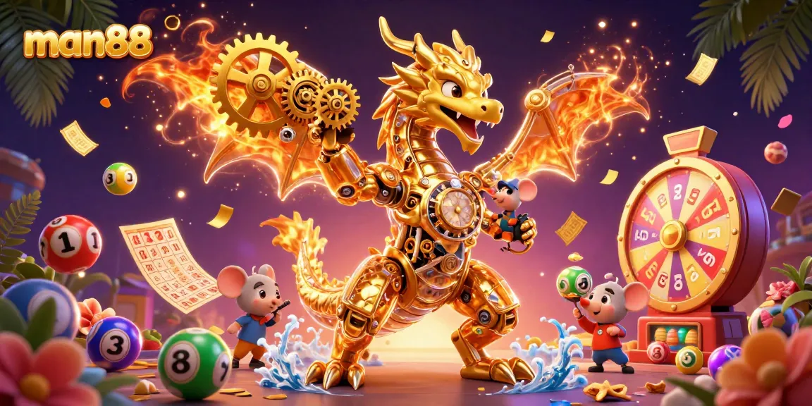 Experience thrilling gameplay with man88's vibrant lottery scene featuring a golden dragon and dynamic elements.