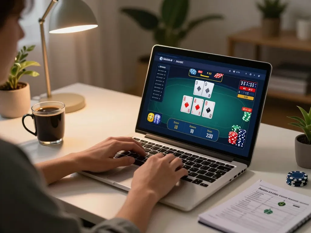 Player analyzing RR88 poker strategies on a laptop with a cozy home setup.
