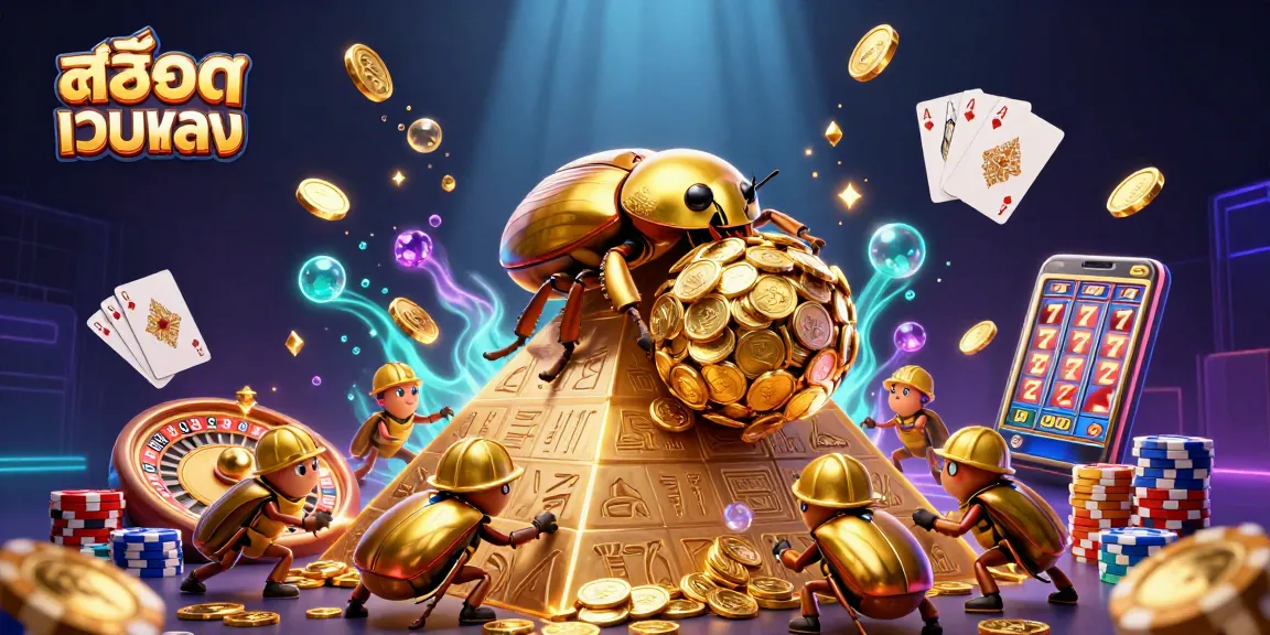 Experience สล็อตเว็บตรง casino excitement with a golden beetle rolling coin jackpots in a vivid 3D scene.