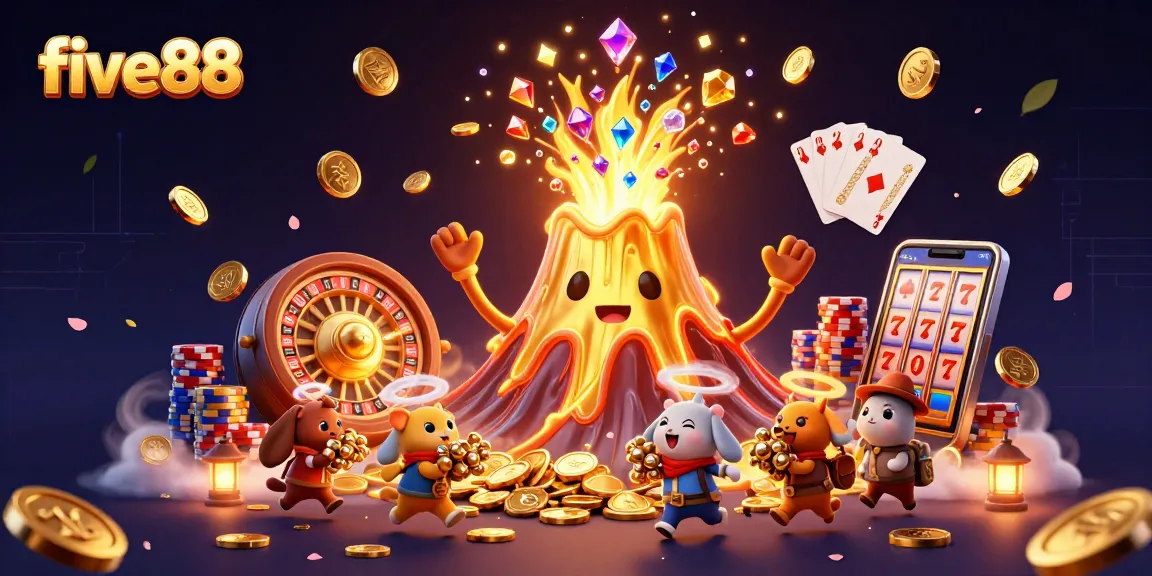 Experience thrilling moments with five88 as the victorious volcano erupts treasures in this vibrant casino scene.