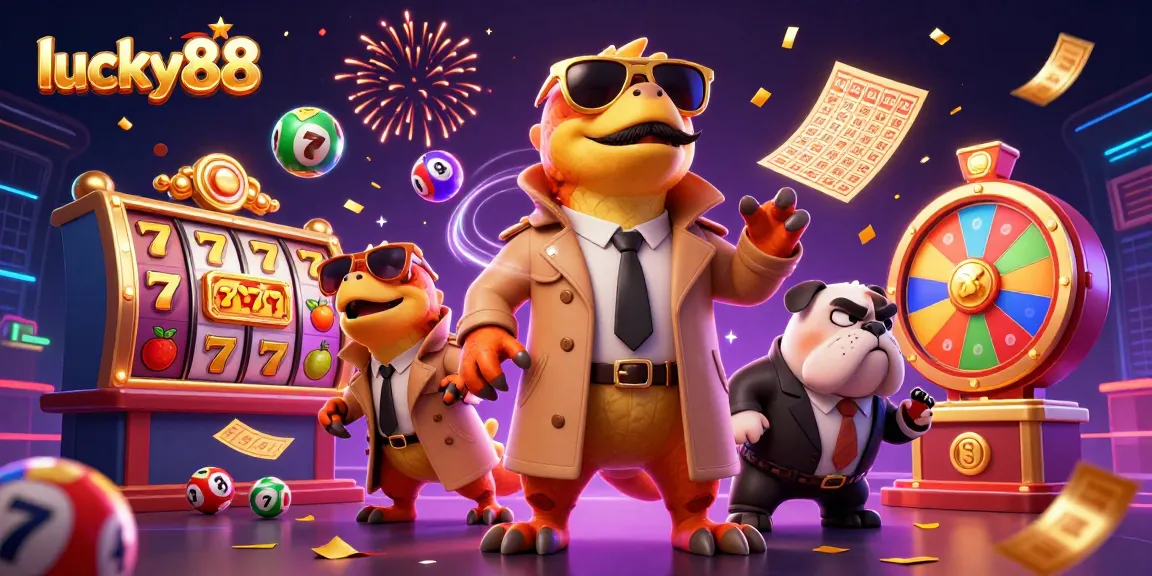 Catch exciting moments with lucky88 as cartoon raptors try to enter a casino lounge with vibrant elements.