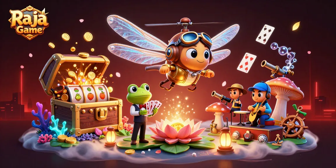 Engage with Raja Game in this vibrant 3D casino scene with a dragonfly pilot and thrilling slot elements.