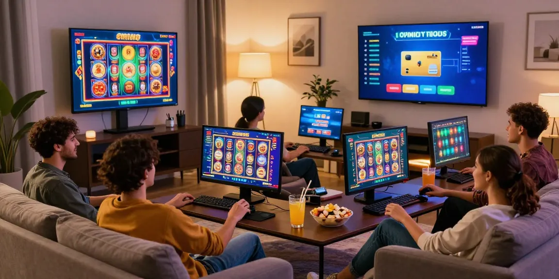 Friends enjoying gaming at credit card casinos, showcasing vibrant social atmosphere with screens displaying bonuses at https://saintnicolasplace.co.uk.