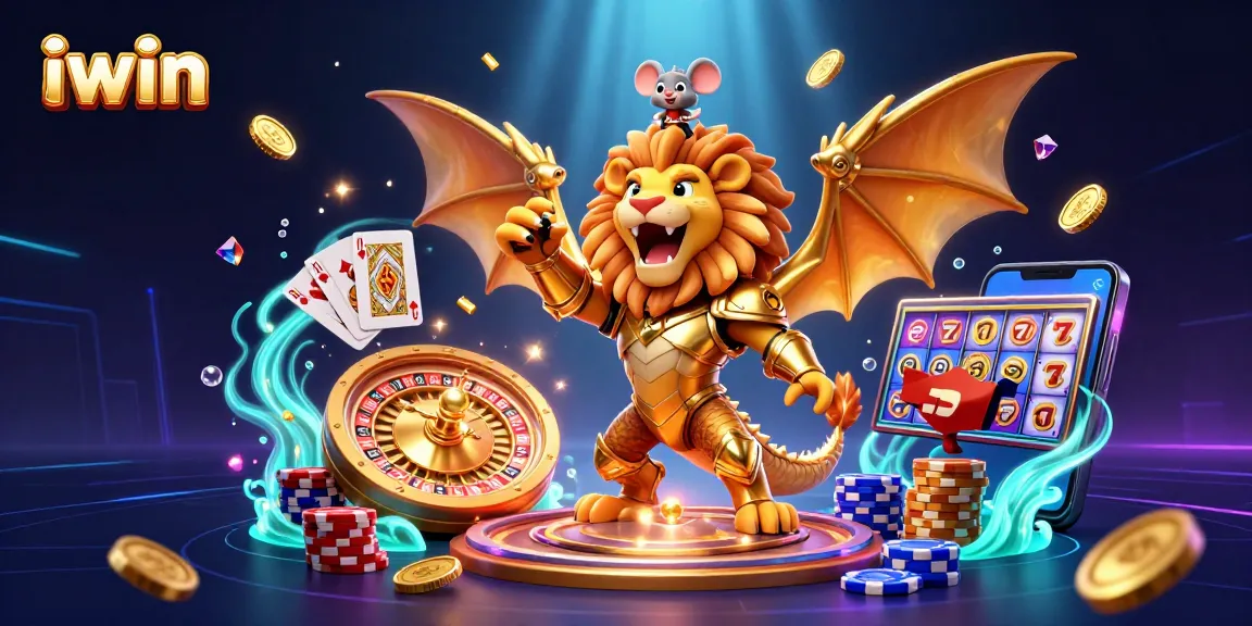 iwin features a roaring chimera with a mouse jockey among golden coins and dynamic game elements.