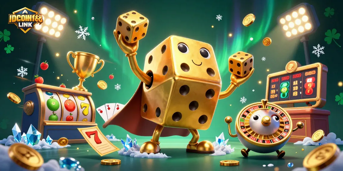 Experience excitement with IDCOIN188 LINK as a golden dice golem juggles in a vibrant 3D casino scene.