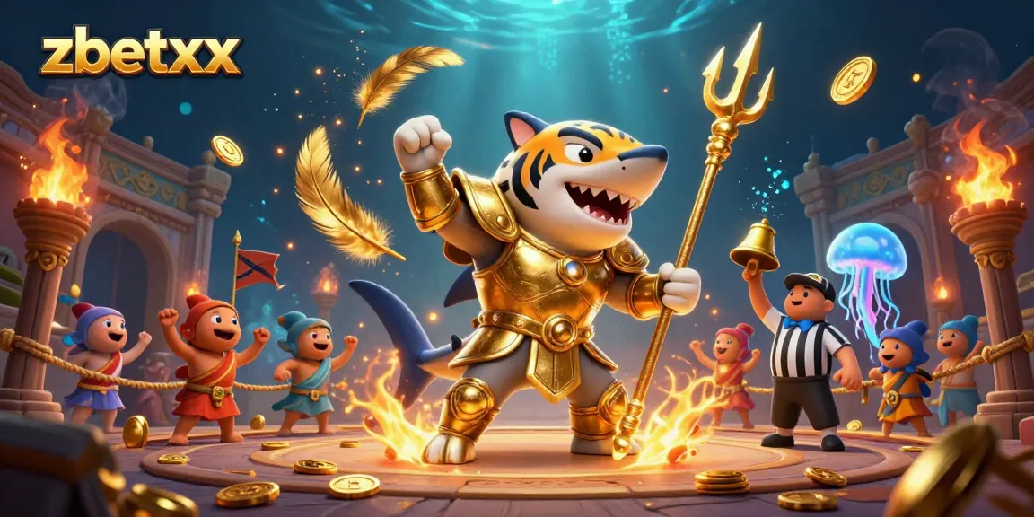 Join the vibrant underwater world of zbetxx where the tiger shark battles amidst exciting casino games and cheering fans.