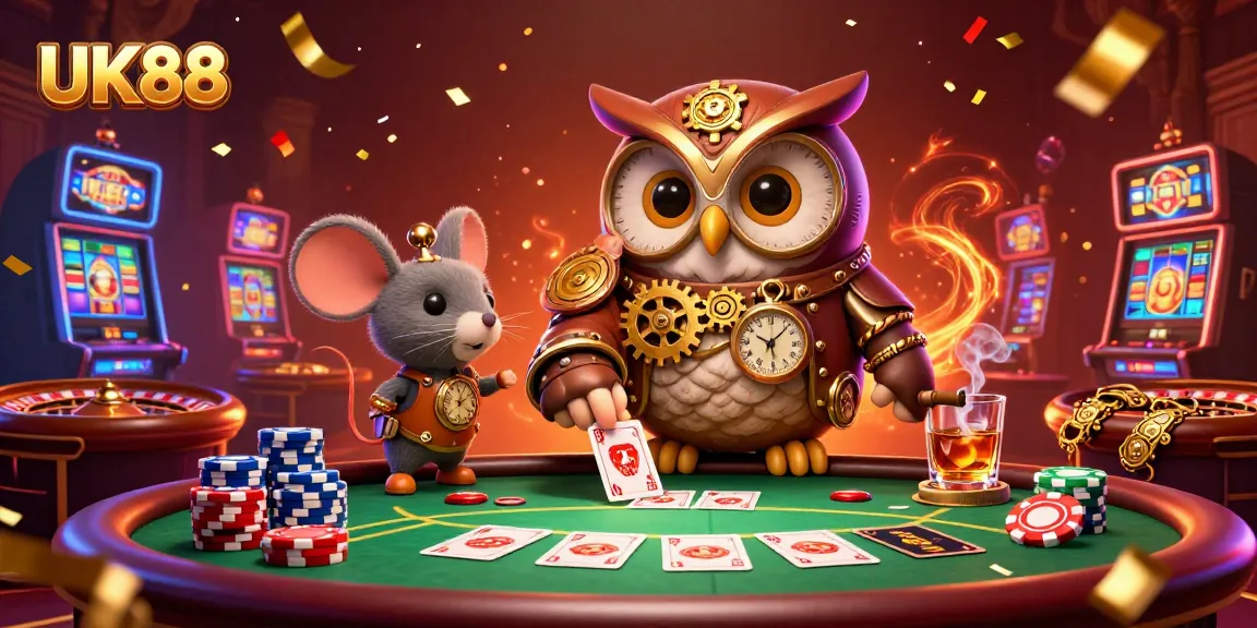 Experience thrilling gaming action with UK88 at a vibrant casino featuring a time-traveling owl.