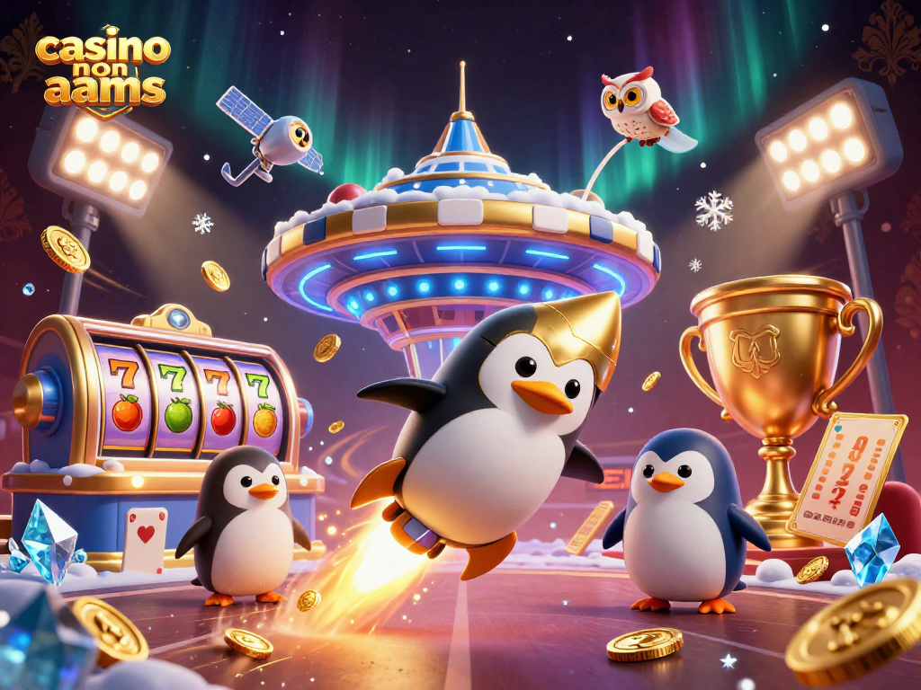 Scopri il mondo dei casino non AAMS con un pinguino dorato che esplode verso una stazione spaziale da gioco.