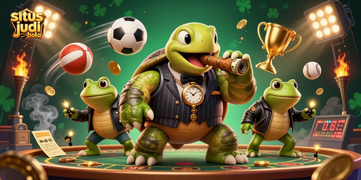Engage in situs judi bola action with a dynamic scene of a snapping turtle mobster and enforcers in a vibrant casino.