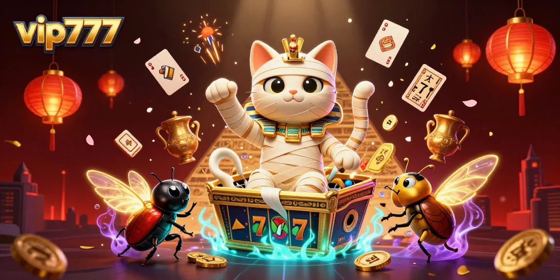 Experience the excitement at vip777 as a mummy cat bursts from a sarcophagus in a vibrant casino!