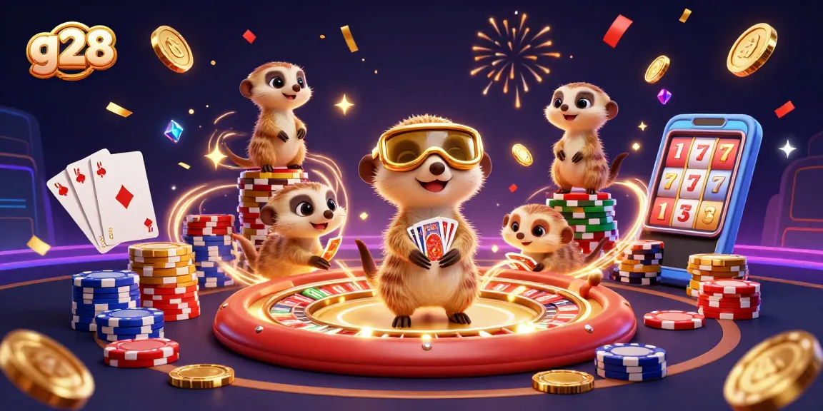 Engage with excitement at g28's casino illustrated by cheeky meerkats amidst shimmering gold and gems.