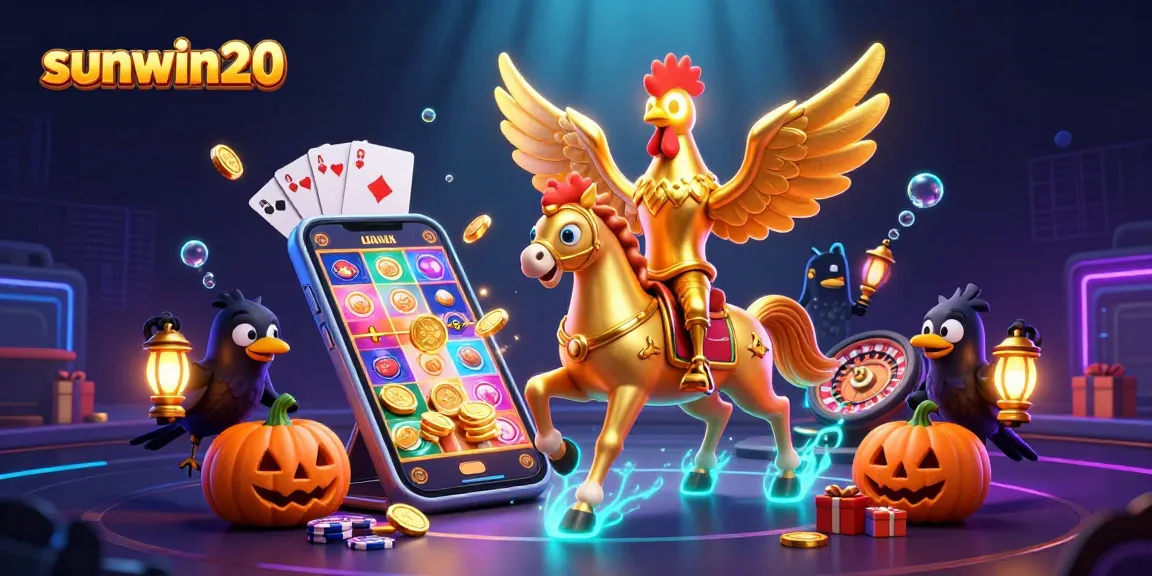 Experience sunwin20's vibrant casino adventure with a golden rooster leading the fun amidst colorful slots!