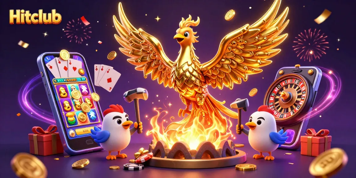 Hitclub's golden phoenix unleashes wins with dynamic slot games in a vibrant casino scene.