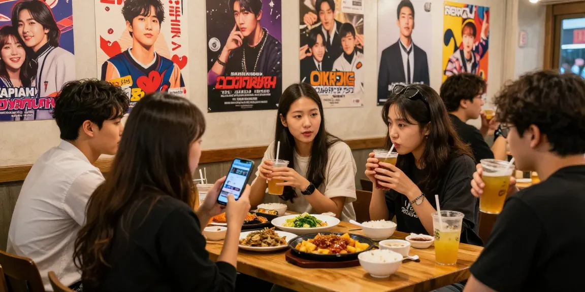 Engaging scene of friends discussing Asian pop culture at https://hanadultalk.com café with vibrant decor and street food.