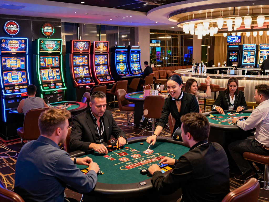 Scena di un casinò non AAMS con giocatori felici in un ambiente vivace.