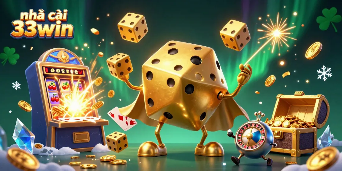 Engaging scene with nhà cái 33win's golden dice golem and vibrant casino elements burst with excitement.