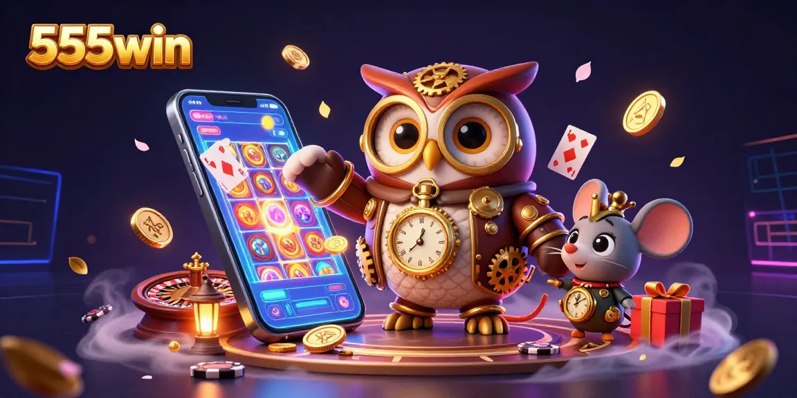Engage with 555win's lively 3D casino scene featuring dynamic characters and vibrant gambling elements.