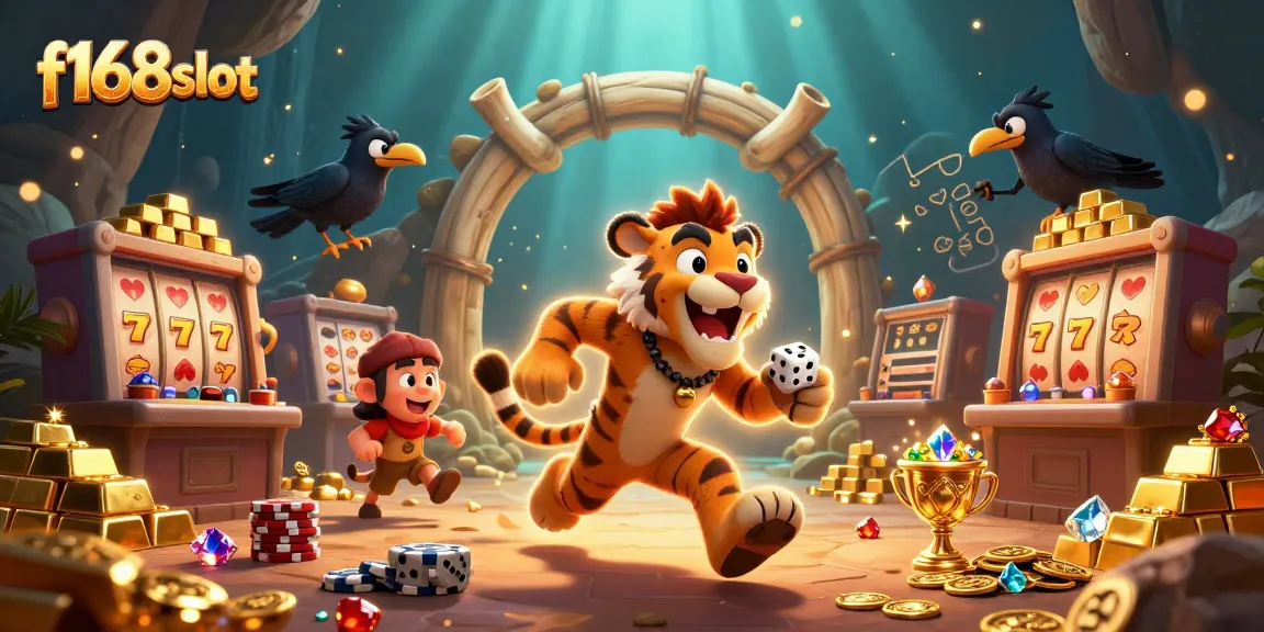 Experience excitement at f168slot with a vibrant prehistoric casino scene filled with treasures and dynamic gameplay.