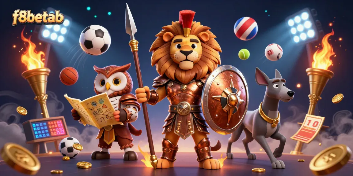 Engage with f8betab in a vibrant online gaming scene featuring a Spartan lion, tactical owl, and swift greyhound amidst dynamic sports balls.