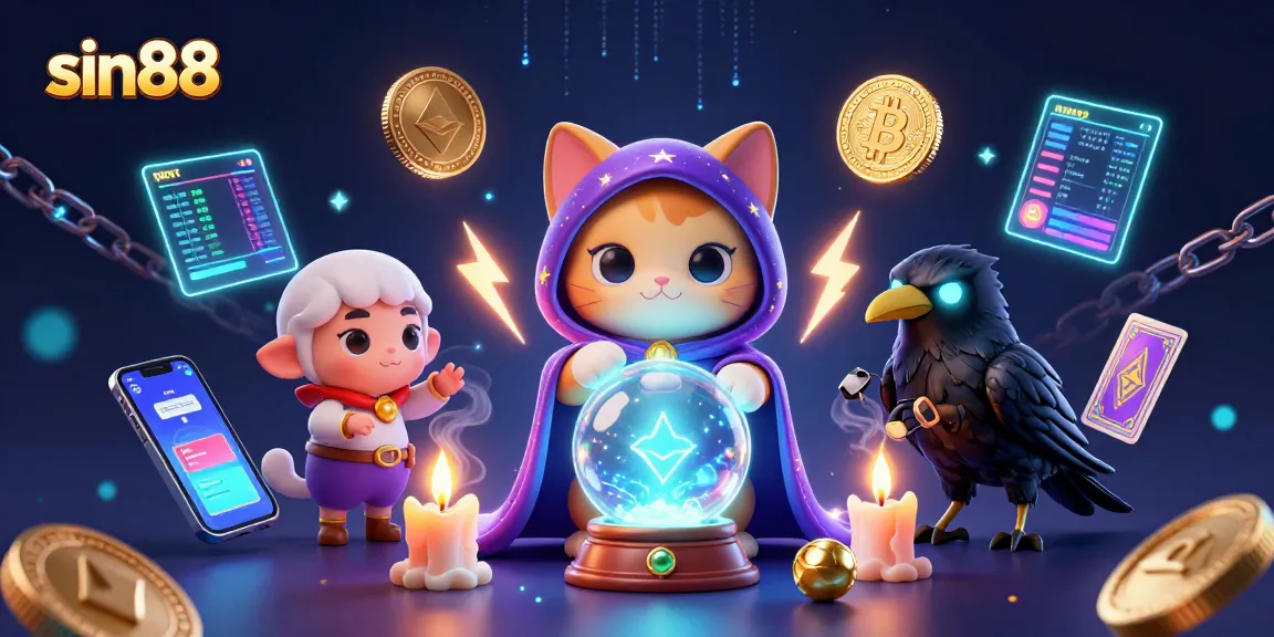 Experience sin88 magic with a vibrant illustration of a mystical cat and raven in a crypto casino