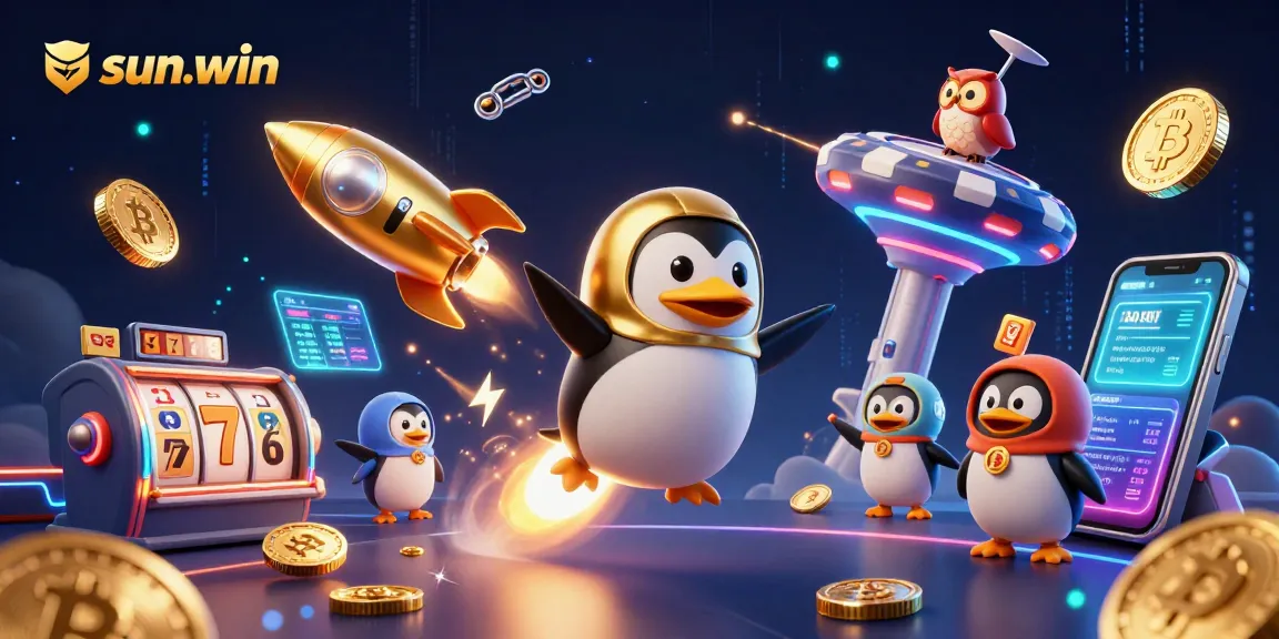 Experience thrilling gaming action with sun-win’s vibrant casino scene featuring golden penguins and slot reels.