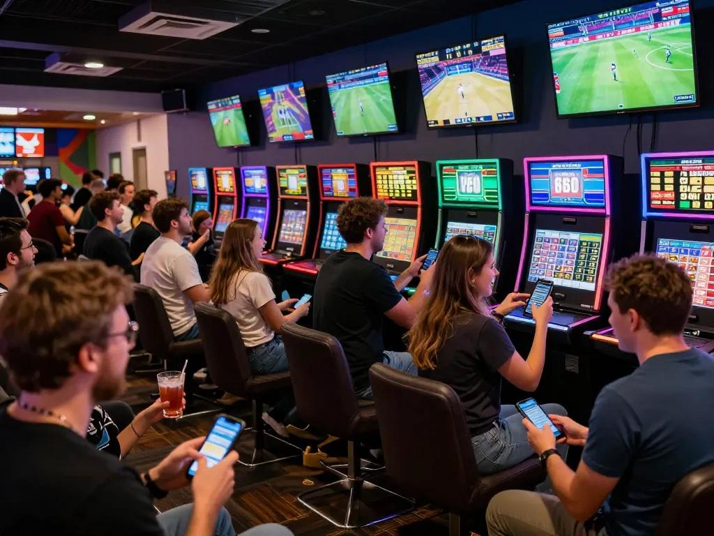 Engaging scene of sports betting excitement with fans tracking kèo nhà cái for live events