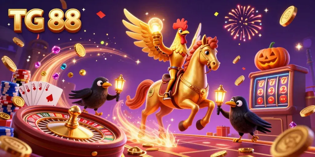 Experience TG 88 excitement as the golden rooster rides through a dazzling casino with vibrant gameplay elements.