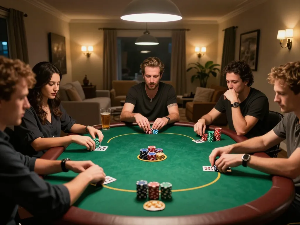 Xin88 players strategizing during a home poker game with chips and cards on the table.