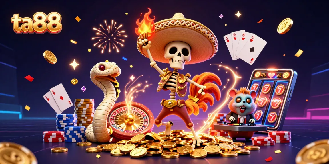 ta88 celebrates with a lively 3D illustration showcasing casino fun featuring golden coins flying around.