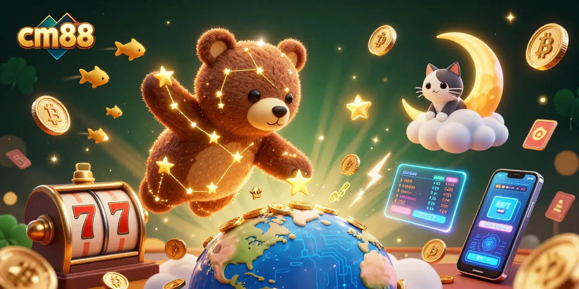 Engage in thrilling gameplay at cm88 with vibrant casino elements and glowing cryptocurrency coins.