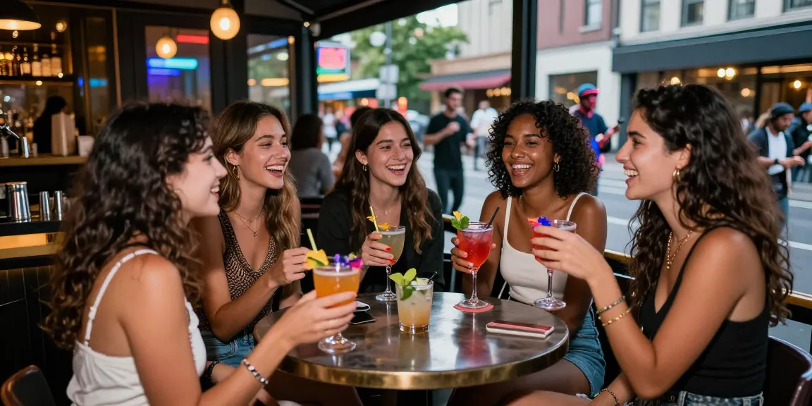 Khung cảnh gái gọi vui vẻ trong quán bar hiện đại, thể hiện sự sống động và năng lượng của đêm.