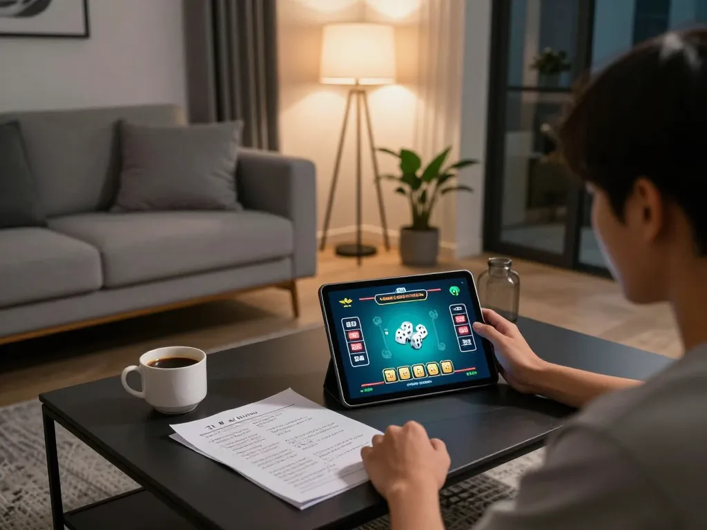 Engaged gameplay on Tài Xỉu Online in a cozy living room setting, showcasing strategic betting